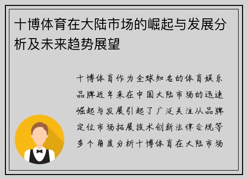 十博体育在大陆市场的崛起与发展分析及未来趋势展望